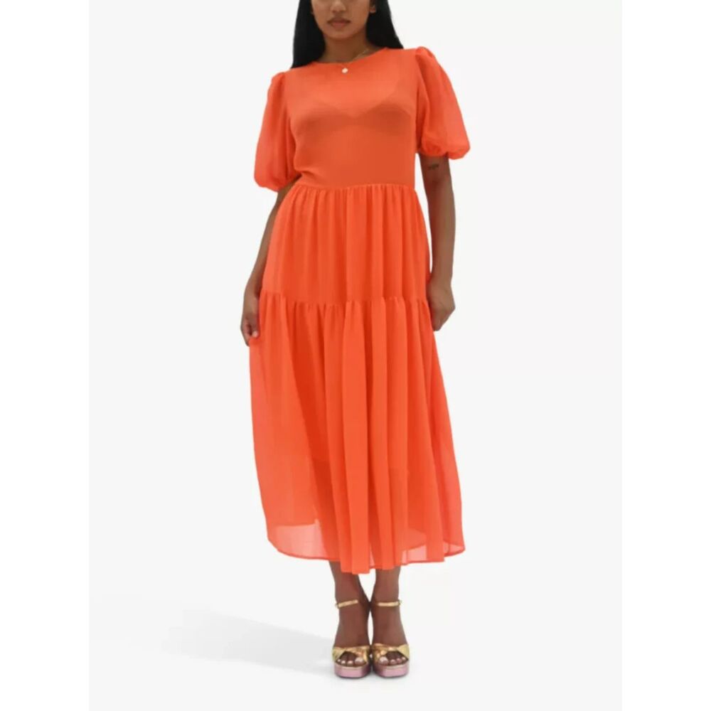 Never Fully Dressed Coral Puff-Sleeve Tiered Midi Dress